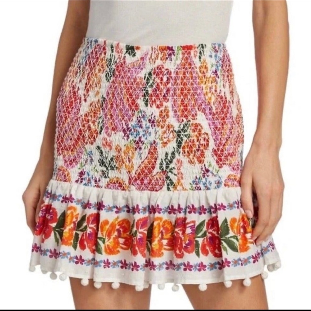Farm Rio Spring Bananas Smocked Mini Skirt, Colorful, Pom Pom Trim, Size Small